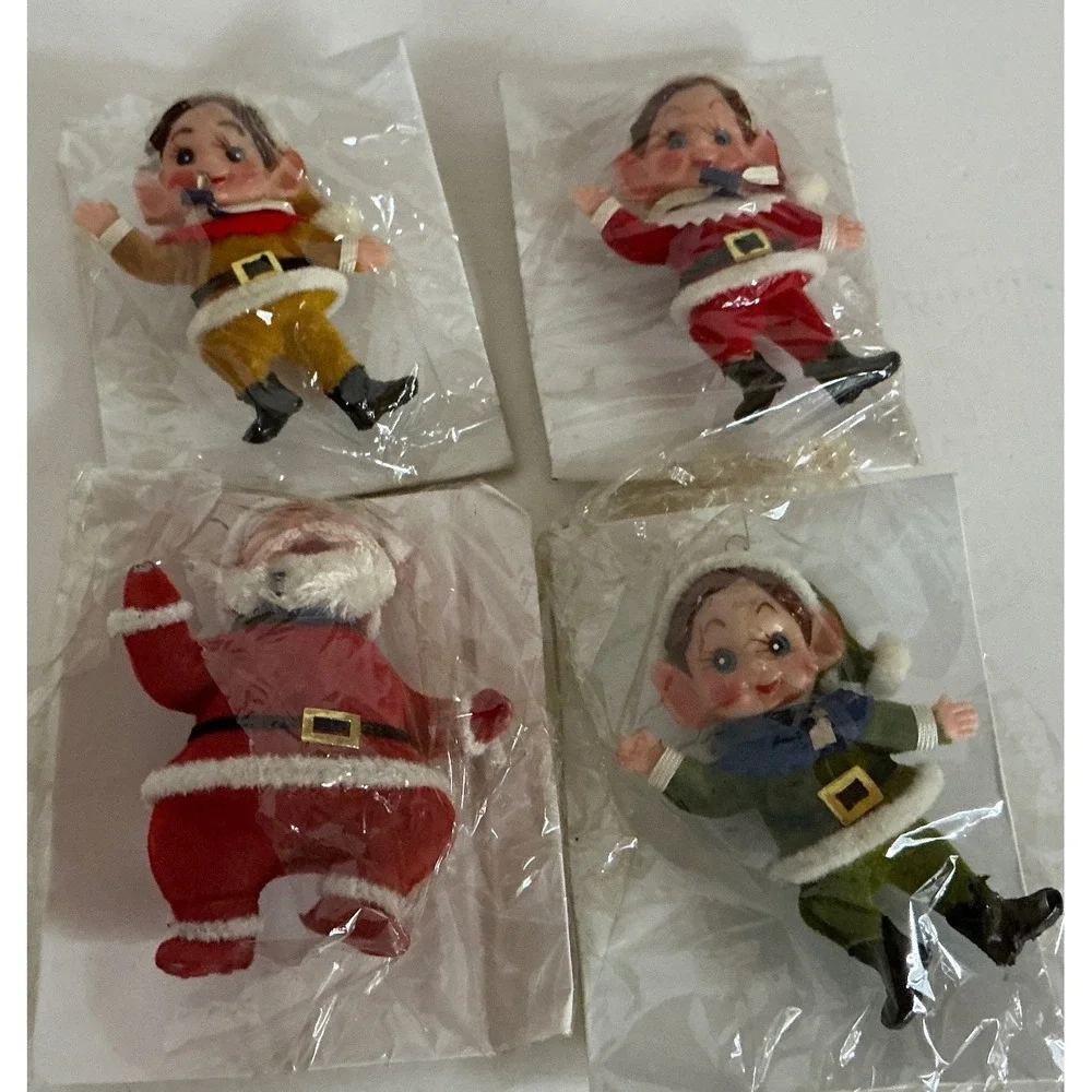 Vintage Christmas Elf Santa Ornament Set Flocked Mid Century Retro Decor 4pc